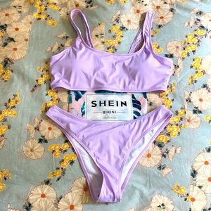 NWT Shein Sparkly Lilac Rib Scoop Neck Bikini Bathing Suit Set Size L